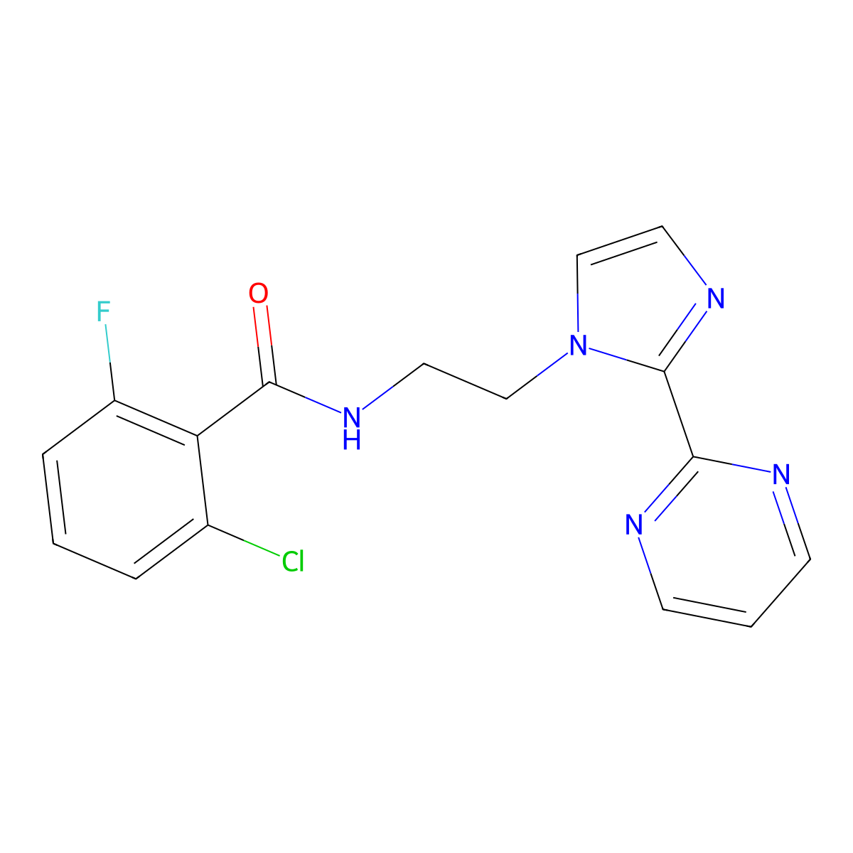 2-chloro-6-fluoro-N-(2-(2-(pyrimidin-2-yl)-1H-imidazol-1-yl)ethyl)benzamide molecular structure, CAS 1448078-06-5