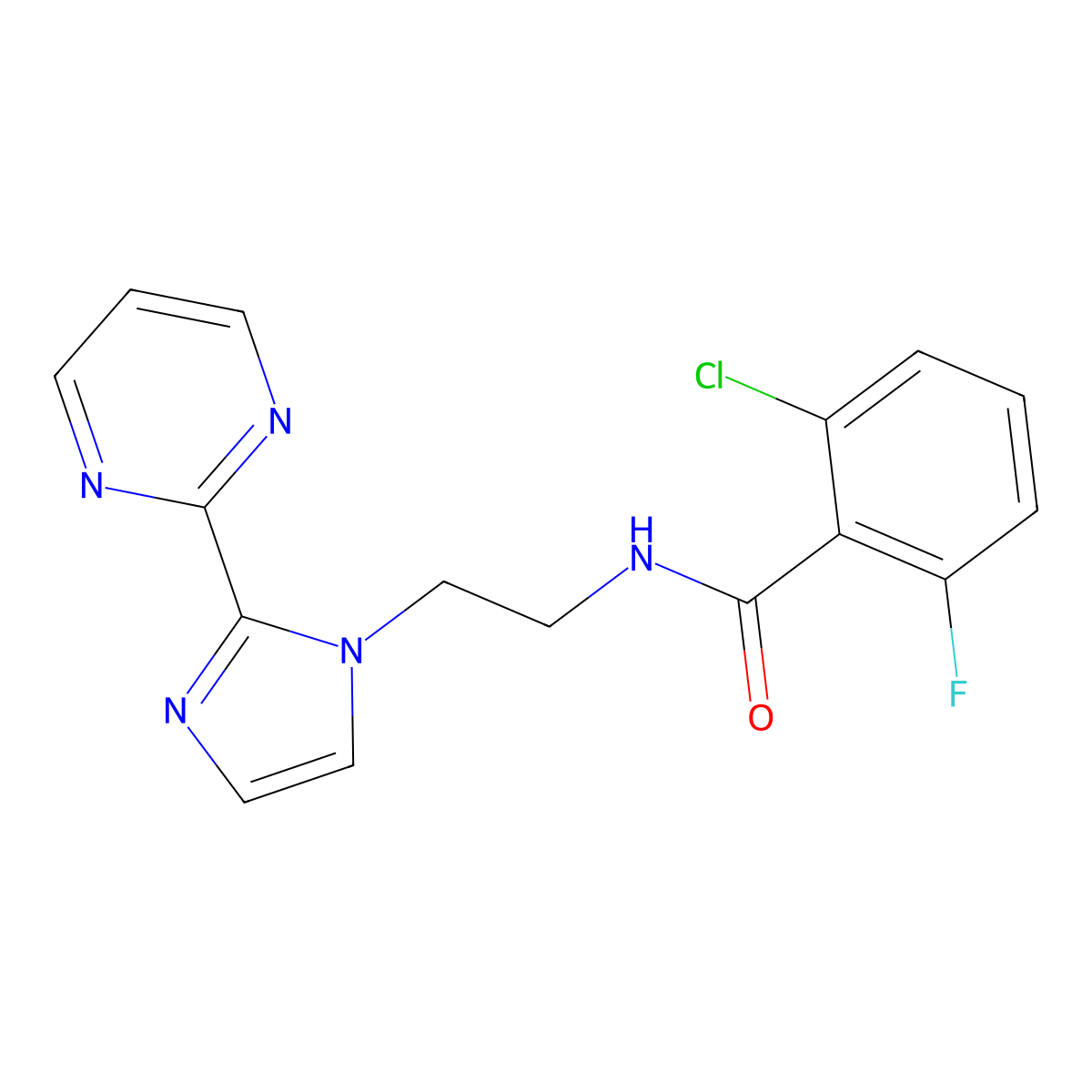 2-chloro-6-fluoro-N-(2-(2-(pyrimidin-2-yl)-1H-imidazol-1-yl)ethyl)benzamide molecular structure, CAS 1448078-06-5