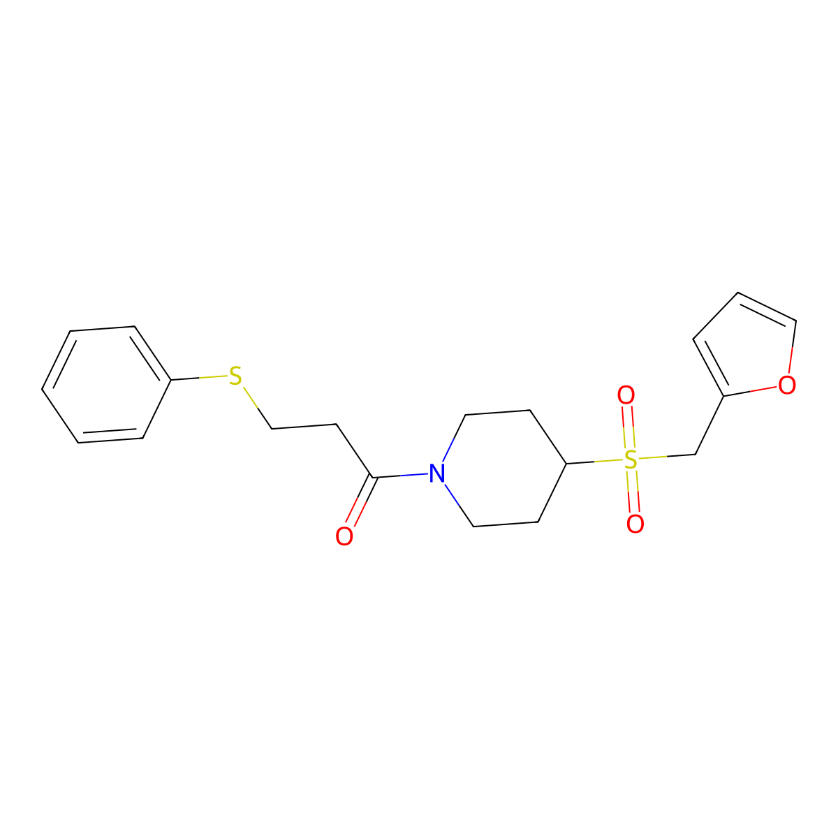 1-(4-((Furan-2-ylmethyl)sulfonyl)piperidin-1-yl)-3-(phenylthio)propan-1-one molecular structure, CAS 1448078-08-7