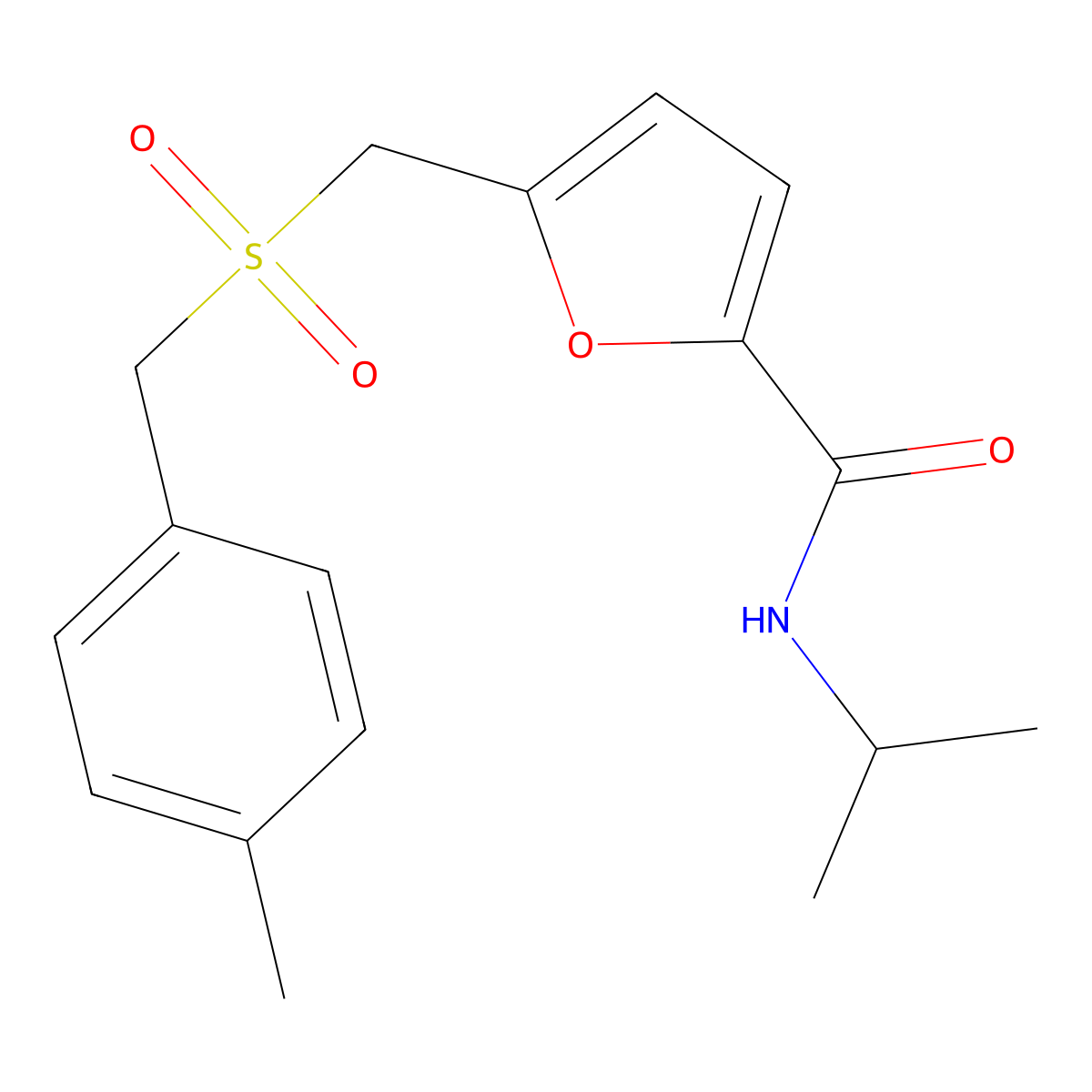 N-isopropyl-5-(((4-methylbenzyl)sulfonyl)methyl)furan-2-carboxamide molecular structure, CAS 1448078-11-2