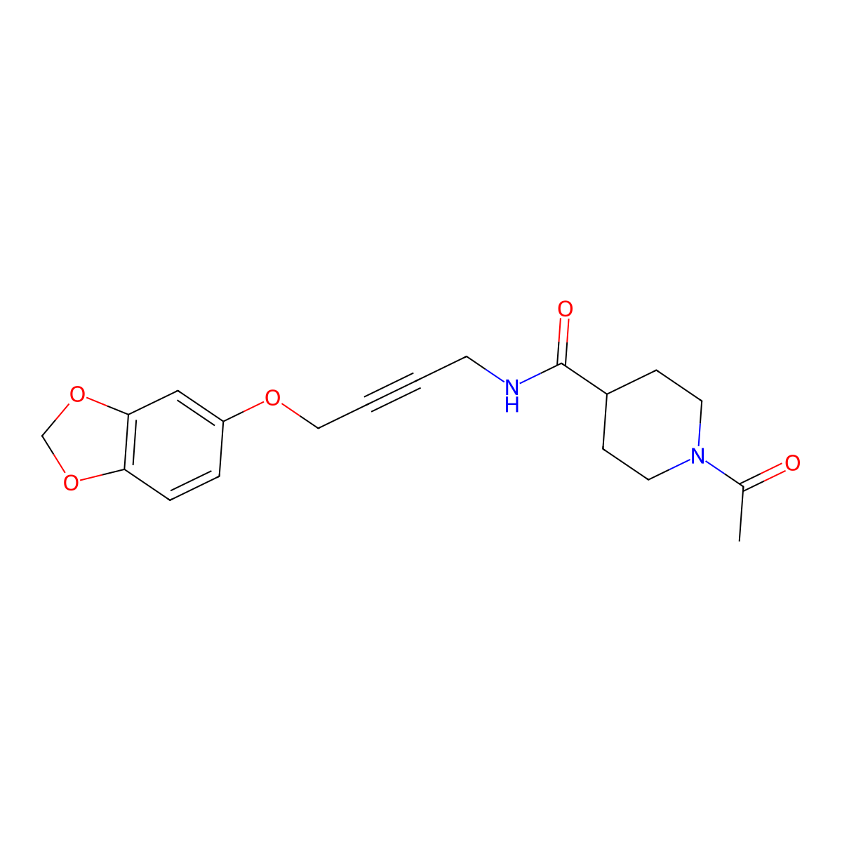 1-acetyl-N-(4-(benzo[d][1,3]dioxol-5-yloxy)but-2-yn-1-yl)piperidine-4-carboxamide molecular structure, CAS 1448078-22-5