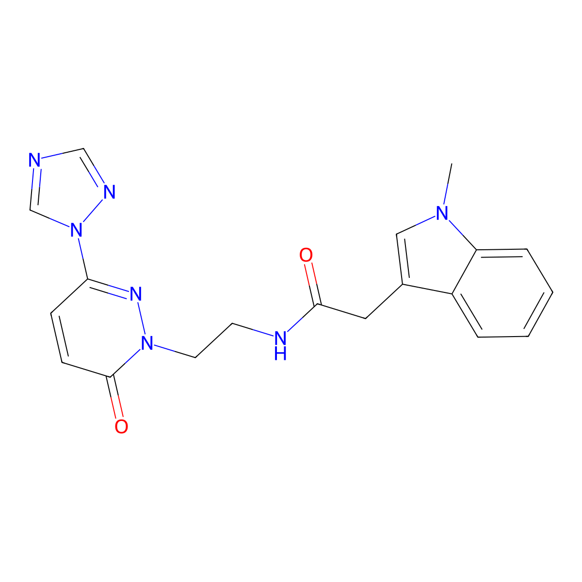 2-(1-methyl-1H-indol-3-yl)-N-(2-(6-oxo-3-(1H-1,2,4-triazol-1-yl)pyridazin-1(6H)-yl)ethyl)acetamide molecular structure, CAS 1448078-27-0