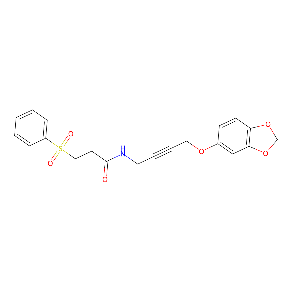 N-(4-(benzo[d][1,3]dioxol-5-yloxy)but-2-yn-1-yl)-3-(phenylsulfonyl)propanamide molecular structure, CAS 1448078-30-5