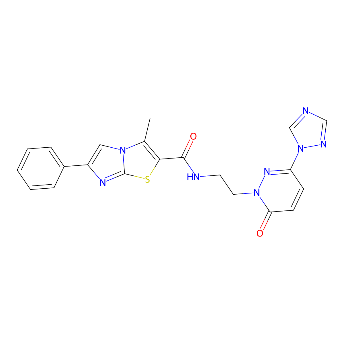 3-methyl-N-(2-(6-oxo-3-(1H-1,2,4-triazol-1-yl)pyridazin-1(6H)-yl)ethyl)-6-phenylimidazo[2,1-b]thiazole-2-carboxamide molecular structure, CAS 1448078-35-0