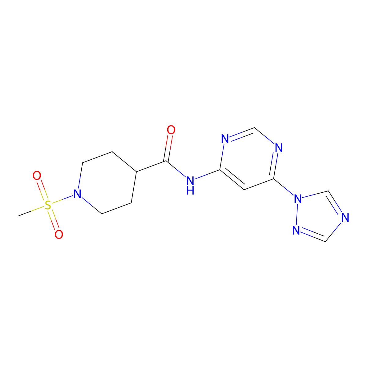 N-(6-(1H-1,2,4-triazol-1-yl)pyrimidin-4-yl)-1-(methylsulfonyl)piperidine-4-carboxamide molecular structure, CAS 1448078-44-1