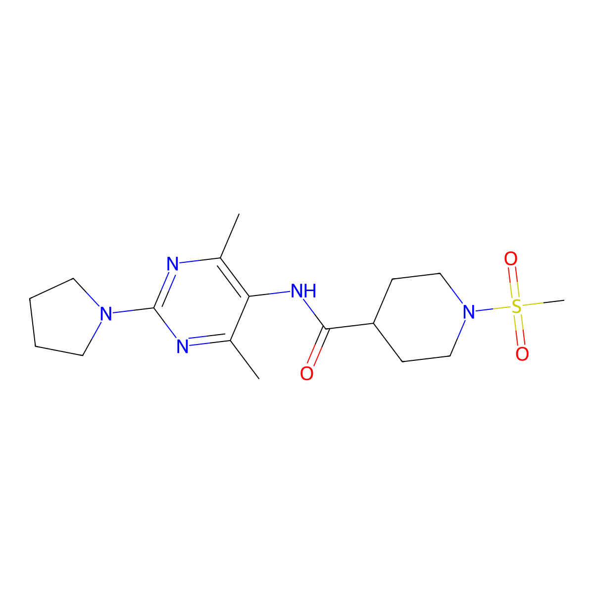 N-(4,6-dimethyl-2-(pyrrolidin-1-yl)pyrimidin-5-yl)-1-(methylsulfonyl)piperidine-4-carboxamide molecular structure, CAS 1448078-52-1
