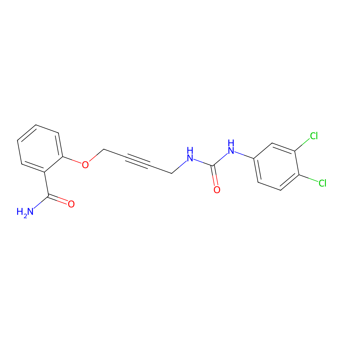 2-((4-(3-(3,4-Dichlorophenyl)ureido)but-2-yn-1-yl)oxy)benzamide molecular structure, CAS 1448078-53-2