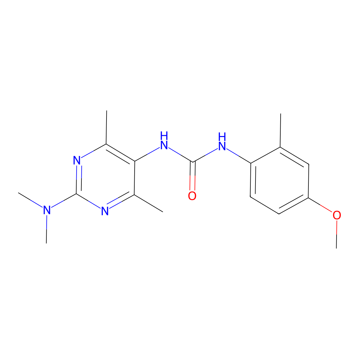 1-(2-(Dimethylamino)-4,6-dimethylpyrimidin-5-yl)-3-(4-methoxy-2-methylphenyl)urea molecular structure, CAS 1448078-69-0
