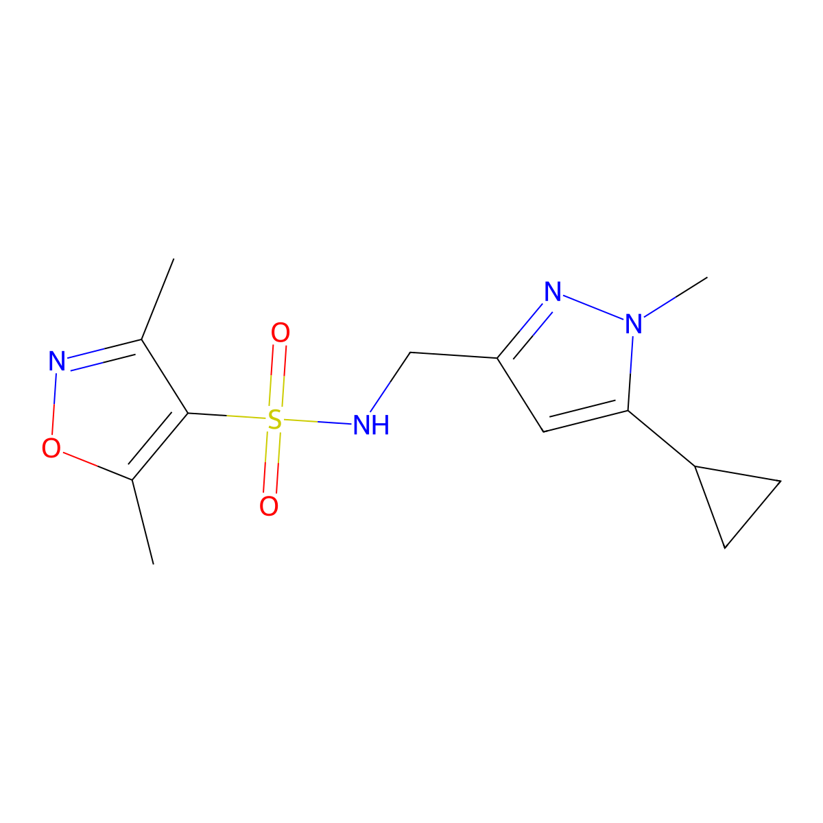 N-((5-cyclopropyl-1-methyl-1H-pyrazol-3-yl)methyl)-3,5-dimethylisoxazole-4-sulfonamide molecular structure, CAS 1448078-85-0