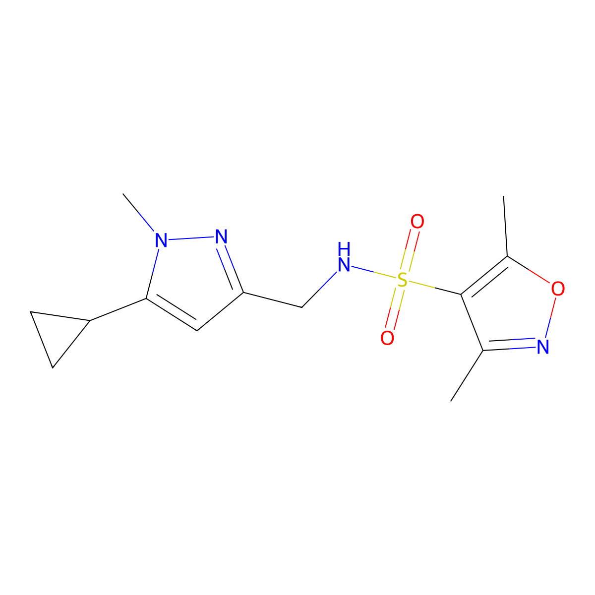 N-((5-cyclopropyl-1-methyl-1H-pyrazol-3-yl)methyl)-3,5-dimethylisoxazole-4-sulfonamide molecular structure, CAS 1448078-85-0