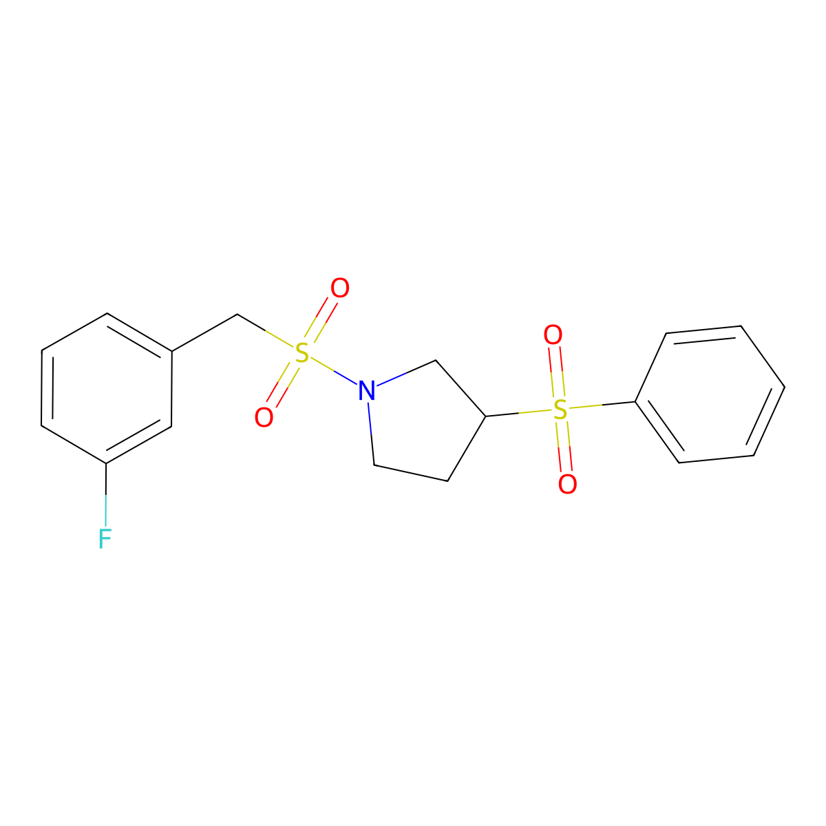 1-((3-Fluorobenzyl)sulfonyl)-3-(phenylsulfonyl)pyrrolidine molecular structure, CAS 1448078-92-9