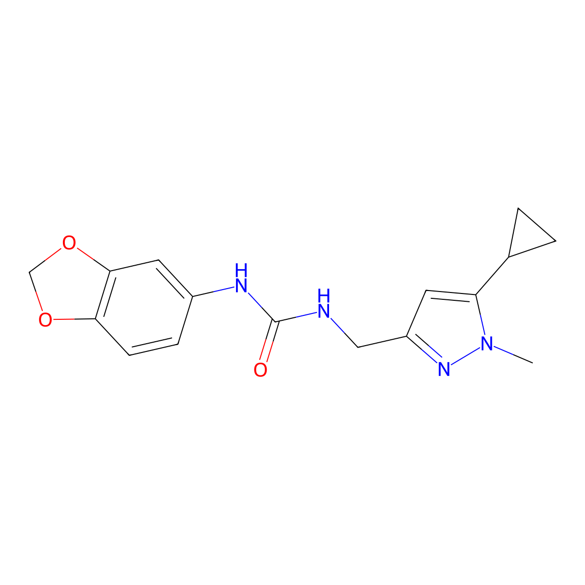 1-(benzo[d][1,3]dioxol-5-yl)-3-((5-cyclopropyl-1-methyl-1H-pyrazol-3-yl)methyl)urea molecular structure, CAS 1448078-94-1