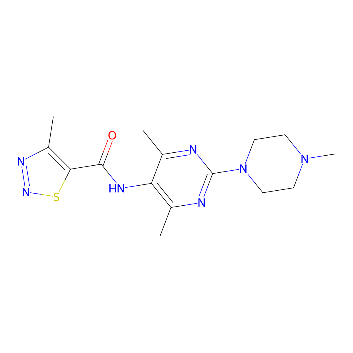 N-[4,6-Dimethyl-2-(4-methylpiperazin-1-YL)pyrimidin-5-YL]-4-methyl-1,2,3-thiadiazole-5-carboxamide molecular structure, CAS 1448079-00-2