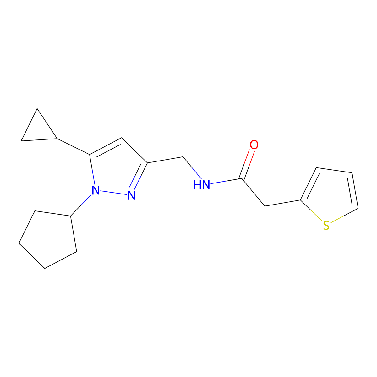 N-((1-cyclopentyl-5-cyclopropyl-1H-pyrazol-3-yl)methyl)-2-(thiophen-2-yl)acetamide molecular structure, CAS 1448079-01-3
