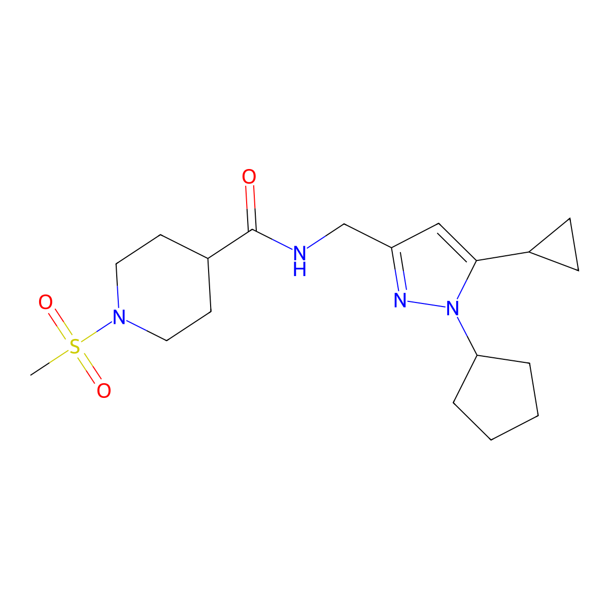N-((1-cyclopentyl-5-cyclopropyl-1H-pyrazol-3-yl)methyl)-1-(methylsulfonyl)piperidine-4-carboxamide molecular structure, CAS 1448079-10-4