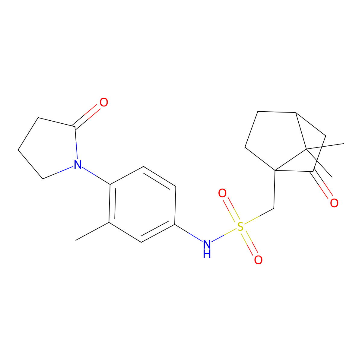 1-(7,7-dimethyl-2-oxobicyclo[2.2.1]heptan-1-yl)-N-(3-methyl-4-(2-oxopyrrolidin-1-yl)phenyl)methanesulfonamide molecular structure, CAS 1448079-19-3