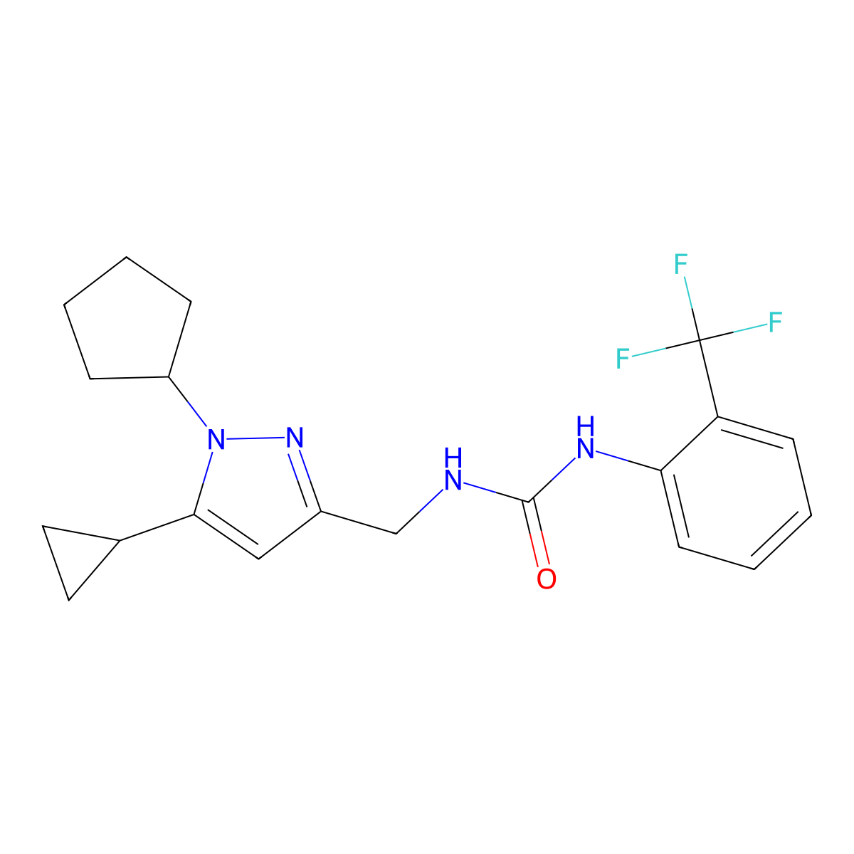 1-((1-cyclopentyl-5-cyclopropyl-1H-pyrazol-3-yl)methyl)-3-(2-(trifluoromethyl)phenyl)urea molecular structure, CAS 1448079-24-0