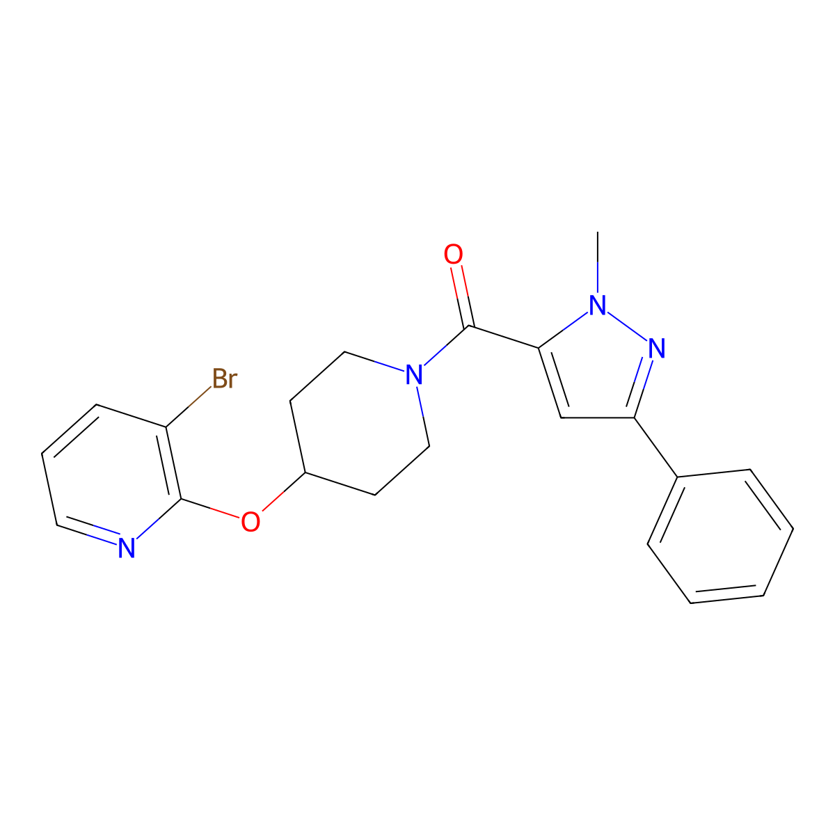 (4-((3-bromopyridin-2-yl)oxy)piperidin-1-yl)(1-methyl-3-phenyl-1H-pyrazol-5-yl)methanone molecular structure, CAS 1448079-31-9