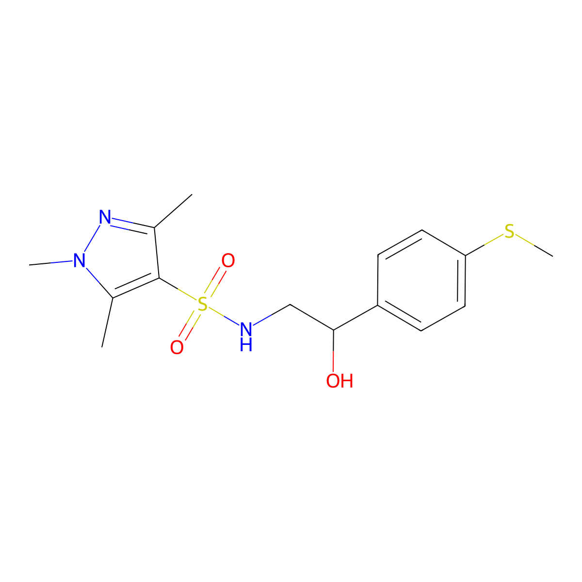 N-(2-hydroxy-2-(4-(methylthio)phenyl)ethyl)-1,3,5-trimethyl-1H-pyrazole-4-sulfonamide molecular structure, CAS 1448079-32-0
