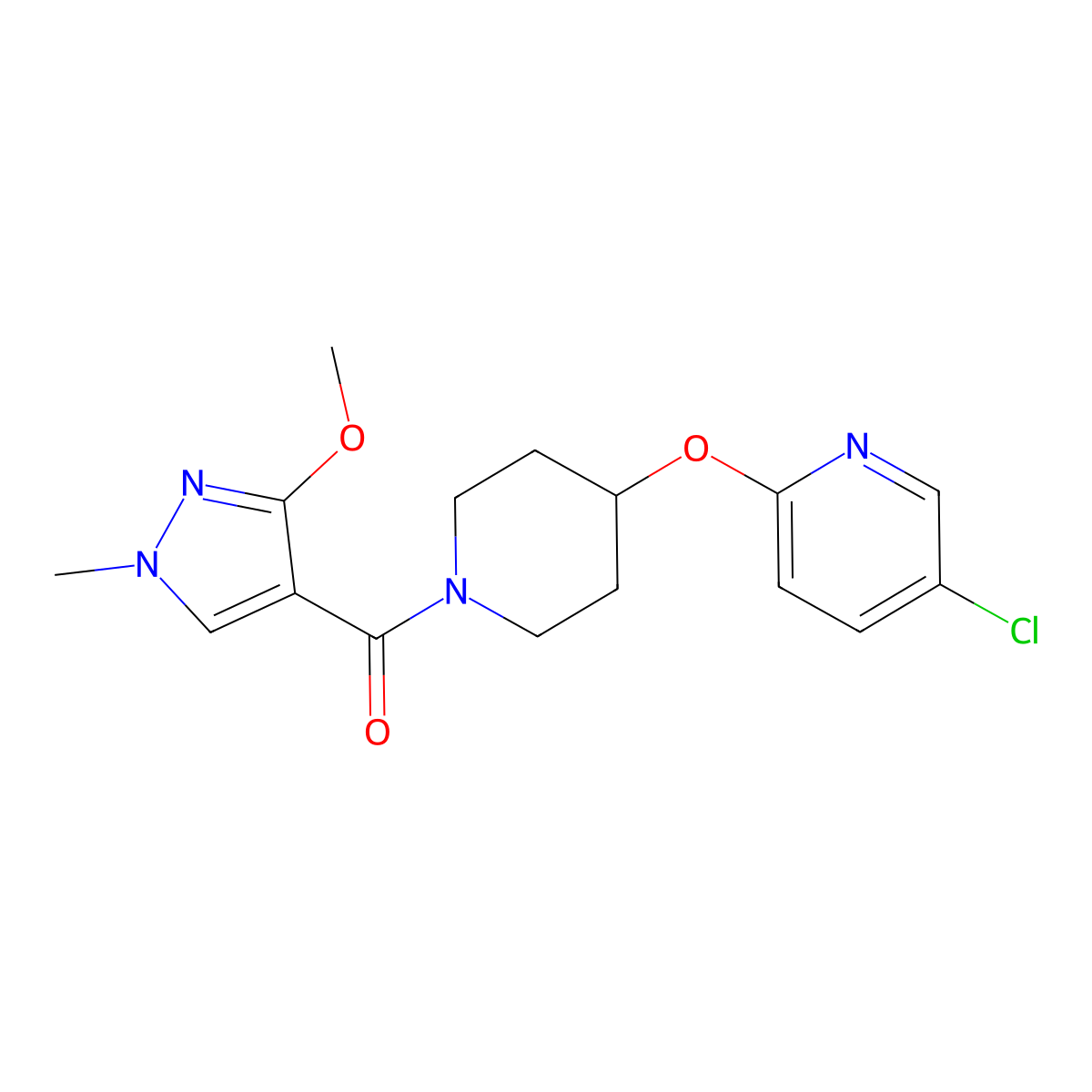 (4-((5-chloropyridin-2-yl)oxy)piperidin-1-yl)(3-methoxy-1-methyl-1H-pyrazol-4-yl)methanone molecular structure, CAS 1448079-35-3