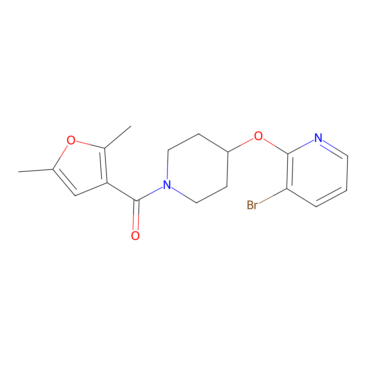 (4-((3-Bromopyridin-2-yl)oxy)piperidin-1-yl)(2,5-dimethylfuran-3-yl)methanone molecular structure, CAS 1448079-42-2