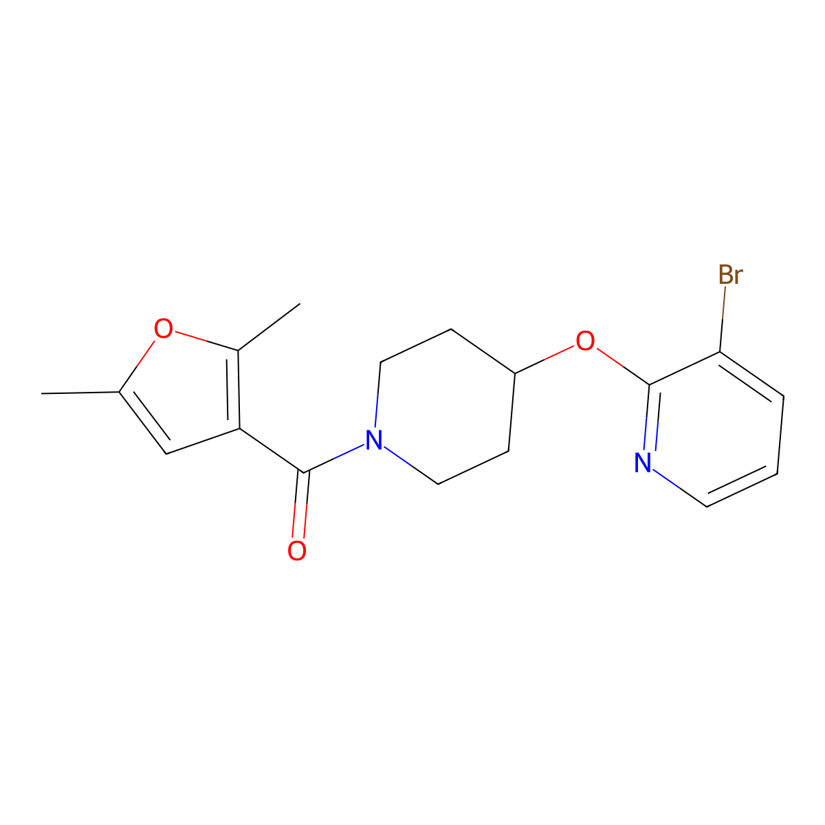 (4-((3-Bromopyridin-2-yl)oxy)piperidin-1-yl)(2,5-dimethylfuran-3-yl)methanone molecular structure, CAS 1448079-42-2