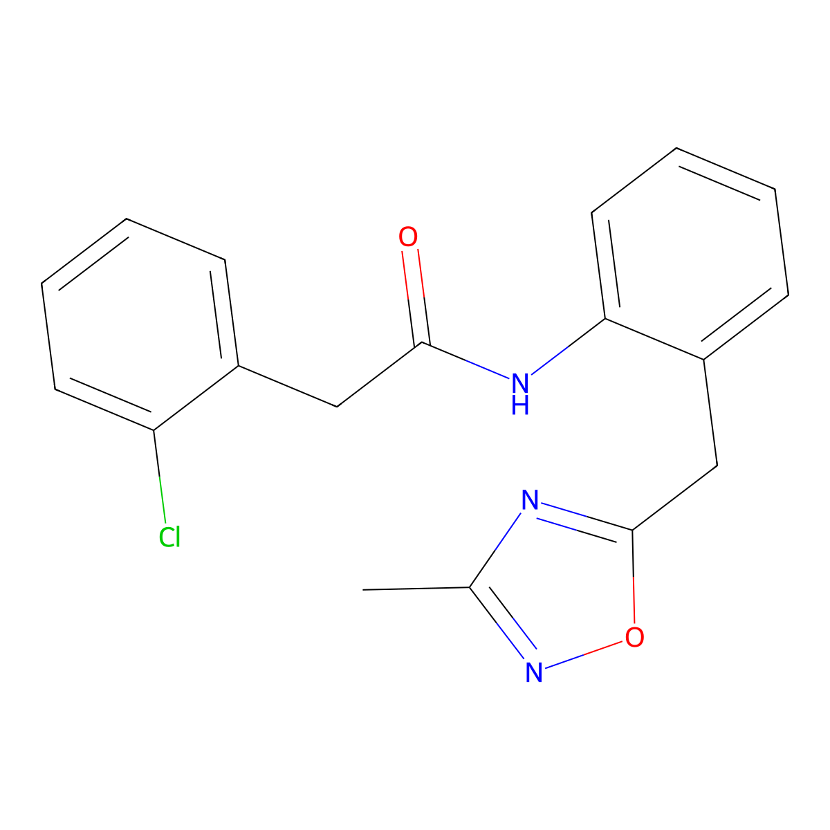 2-(2-chlorophenyl)-N-(2-((3-methyl-1,2,4-oxadiazol-5-yl)methyl)phenyl)acetamide molecular structure, CAS 1448079-50-2