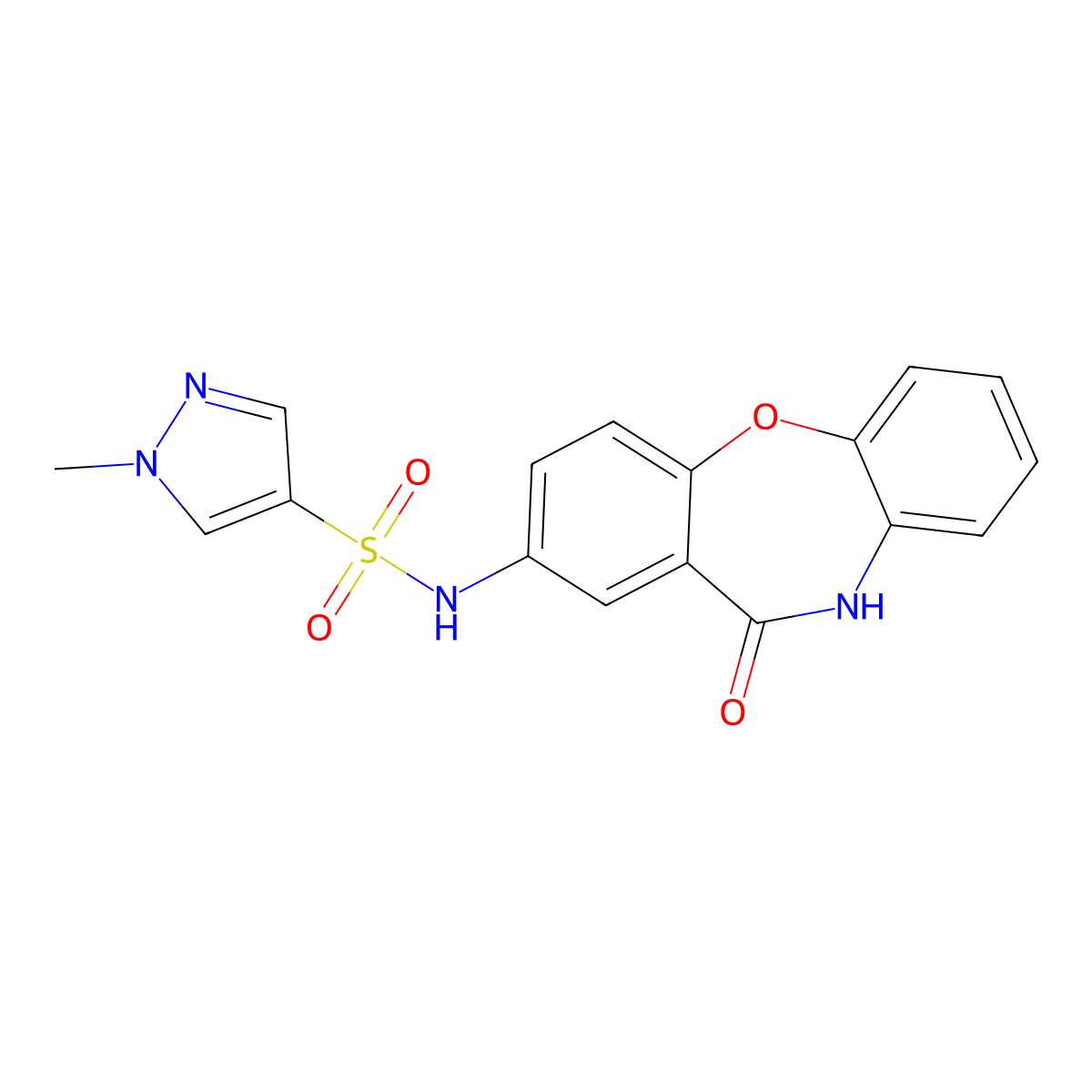 1-methyl-N-(11-oxo-10,11-dihydrodibenzo[b,f][1,4]oxazepin-2-yl)-1H-pyrazole-4-sulfonamide molecular structure, CAS 1448079-53-5