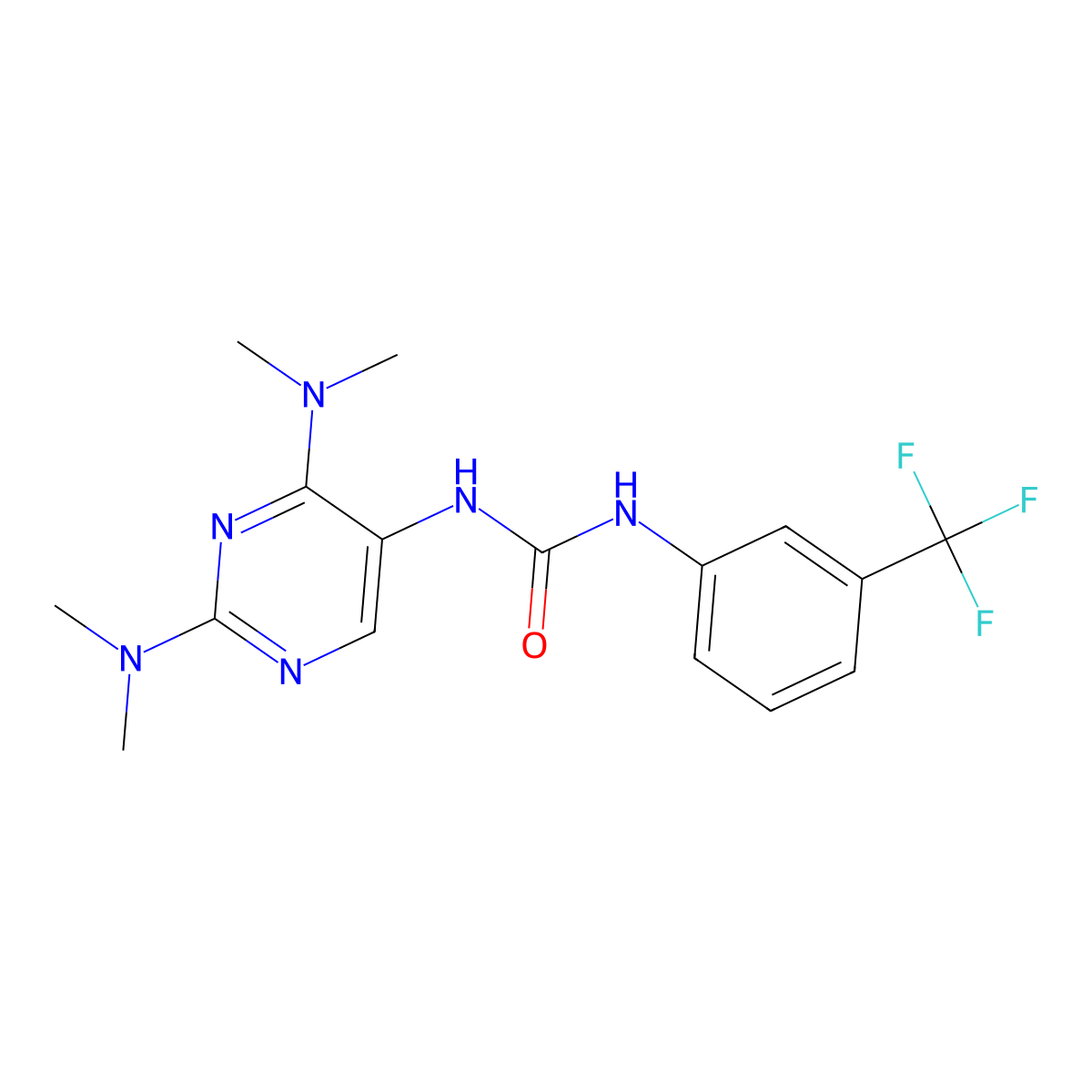 1-(2,4-Bis(dimethylamino)pyrimidin-5-yl)-3-(3-(trifluoromethyl)phenyl)urea molecular structure, CAS 1448079-55-7