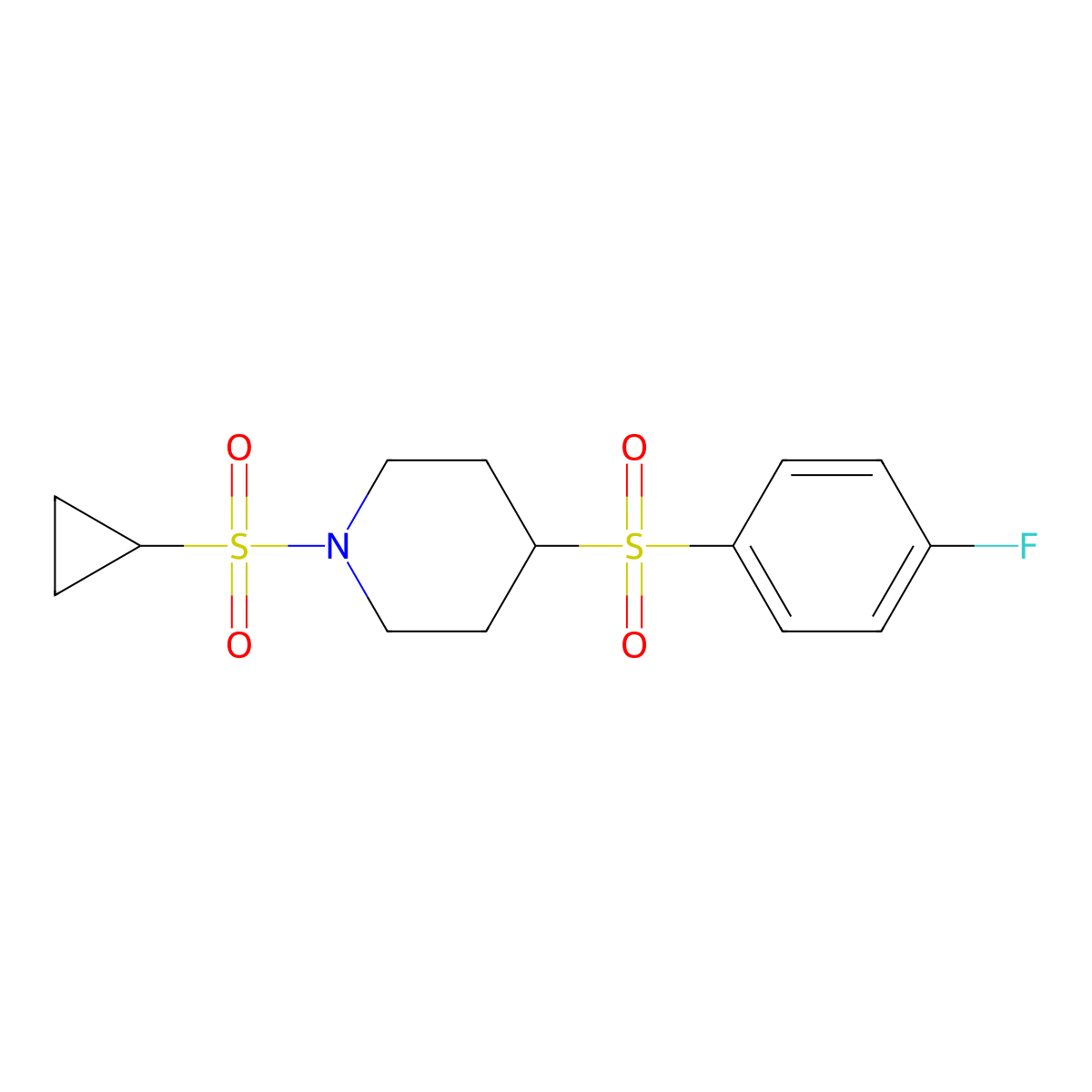 1-(Cyclopropylsulfonyl)-4-((4-fluorophenyl)sulfonyl)piperidine molecular structure, CAS 1448121-74-1