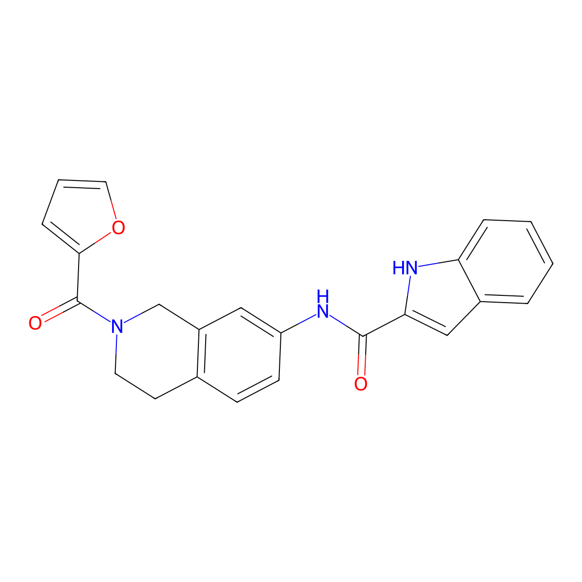 N-(2-(furan-2-carbonyl)-1,2,3,4-tetrahydroisoquinolin-7-yl)-1H-indole-2-carboxamide molecular structure, CAS 1448121-84-3
