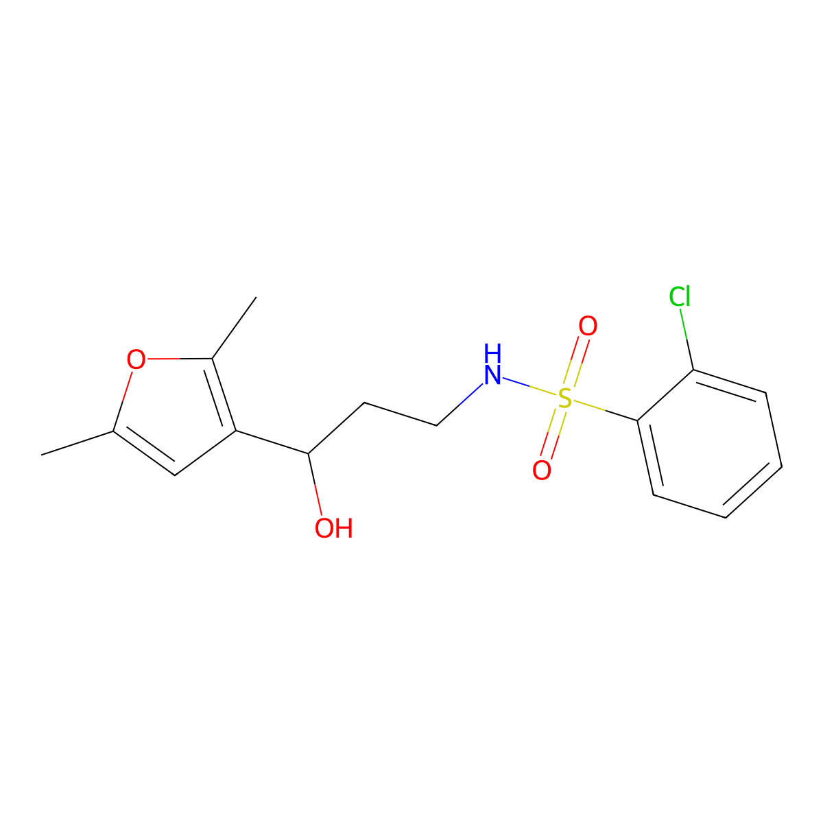 2-chloro-N-(3-(2,5-dimethylfuran-3-yl)-3-hydroxypropyl)benzenesulfonamide molecular structure, CAS 1448121-85-4