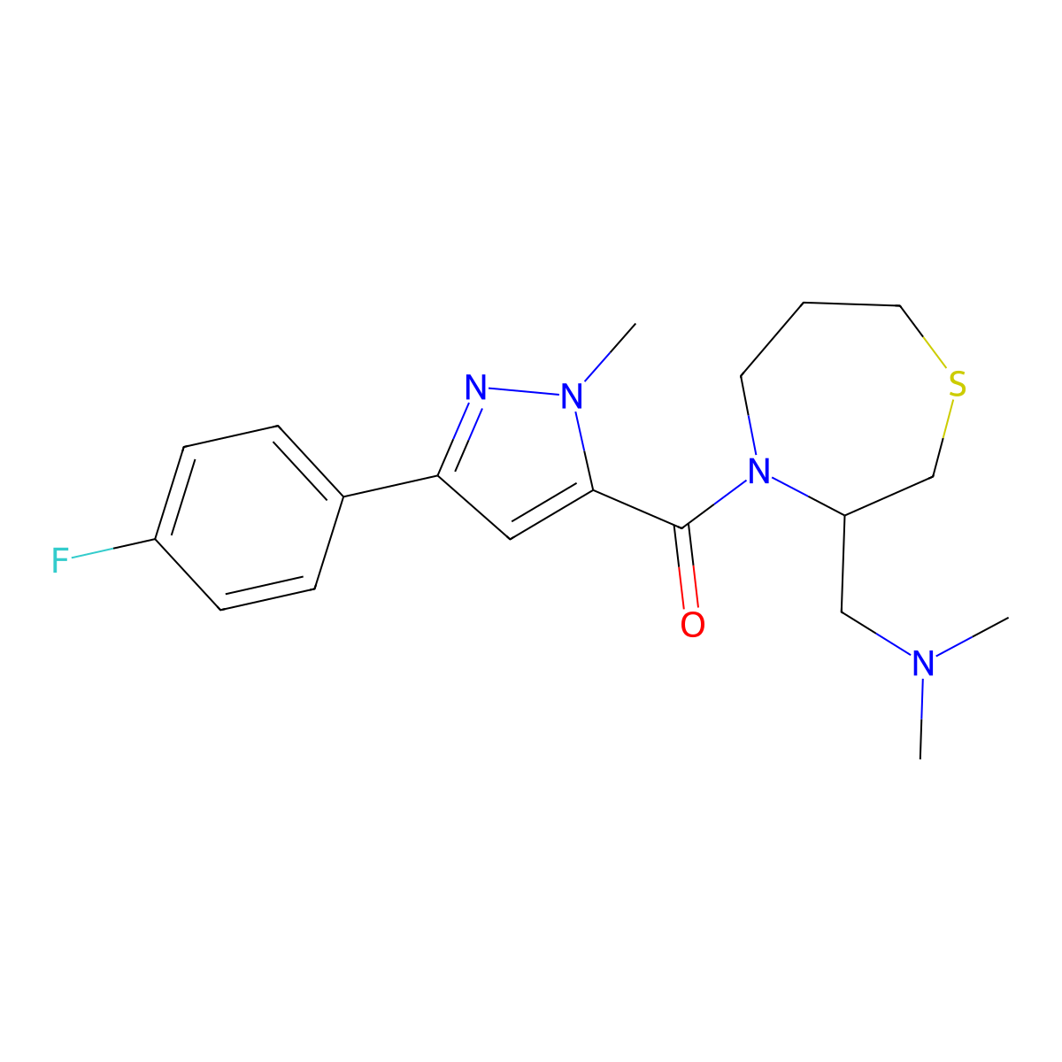 (3-((dimethylamino)methyl)-1,4-thiazepan-4-yl)(3-(4-fluorophenyl)-1-methyl-1H-pyrazol-5-yl)methanone molecular structure, CAS 1448121-91-2