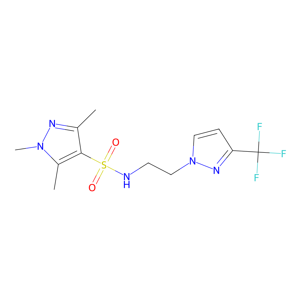 1,3,5-trimethyl-N-{2-[3-(trifluoromethyl)-1H-pyrazol-1-yl]ethyl}-1H-pyrazole-4-sulfonamide molecular structure, CAS 1448121-94-5