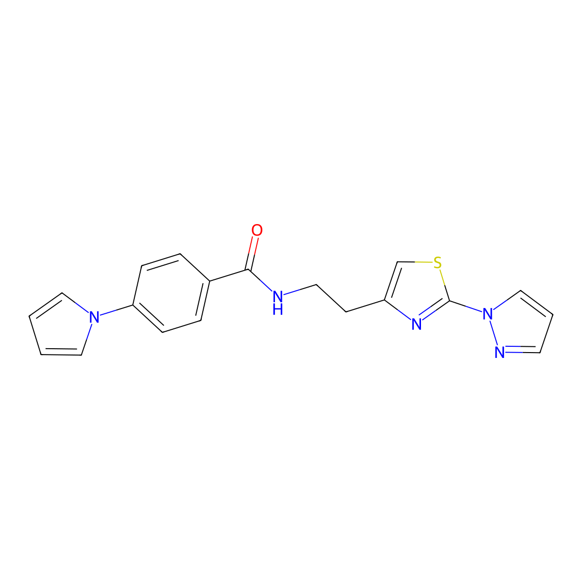 N-(2-(2-(1H-pyrazol-1-yl)thiazol-4-yl)ethyl)-4-(1H-pyrrol-1-yl)benzamide molecular structure, CAS 1448122-01-7