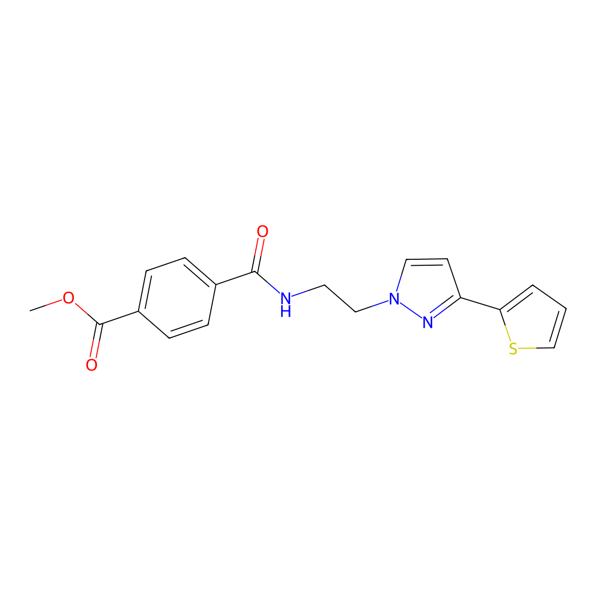methyl 4-((2-(3-(thiophen-2-yl)-1H-pyrazol-1-yl)ethyl)carbamoyl)benzoate molecular structure, CAS 1448122-03-9