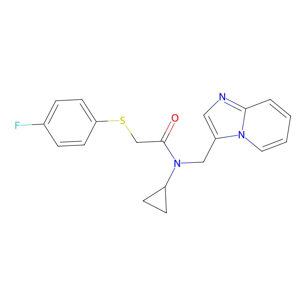 N-cyclopropyl-2-((4-fluorophenyl)thio)-N-(imidazo[1,2-a]pyridin-3-ylmethyl)acetamide molecular structure, CAS 1448122-06-2