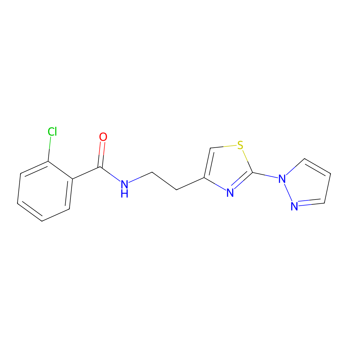 N-(2-(2-(1H-pyrazol-1-yl)thiazol-4-yl)ethyl)-2-chlorobenzamide molecular structure, CAS 1448122-07-3