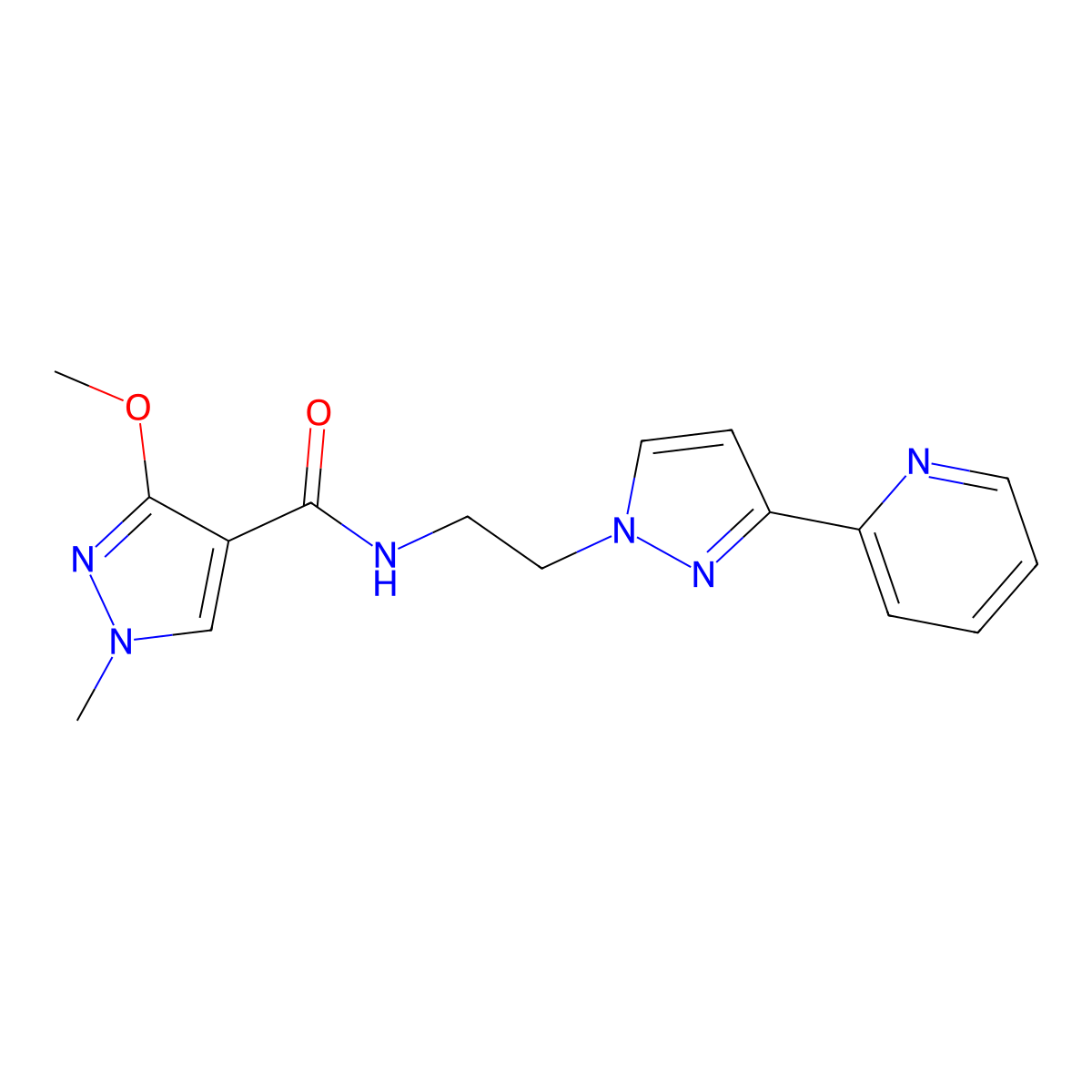 3-methoxy-1-methyl-N-(2-(3-(pyridin-2-yl)-1H-pyrazol-1-yl)ethyl)-1H-pyrazole-4-carboxamide molecular structure, CAS 1448122-12-0