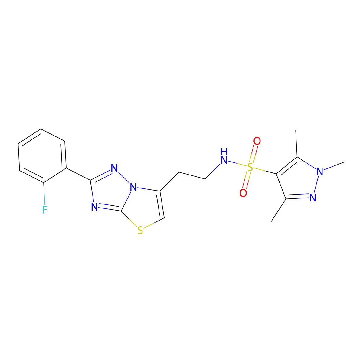 N-(2-(2-(2-fluorophenyl)thiazolo[3,2-b][1,2,4]triazol-6-yl)ethyl)-1,3,5-trimethyl-1H-pyrazole-4-sulfonamide molecular structure, CAS 1448122-20-0