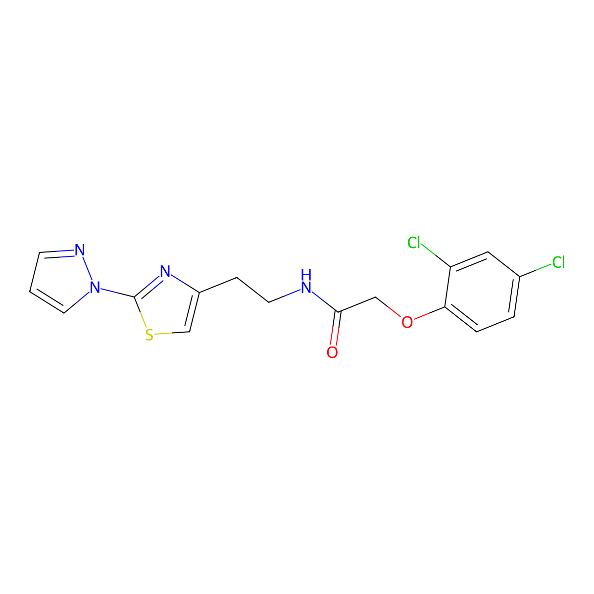 N-(2-(2-(1H-pyrazol-1-yl)thiazol-4-yl)ethyl)-2-(2,4-dichlorophenoxy)acetamide molecular structure, CAS 1448122-32-4