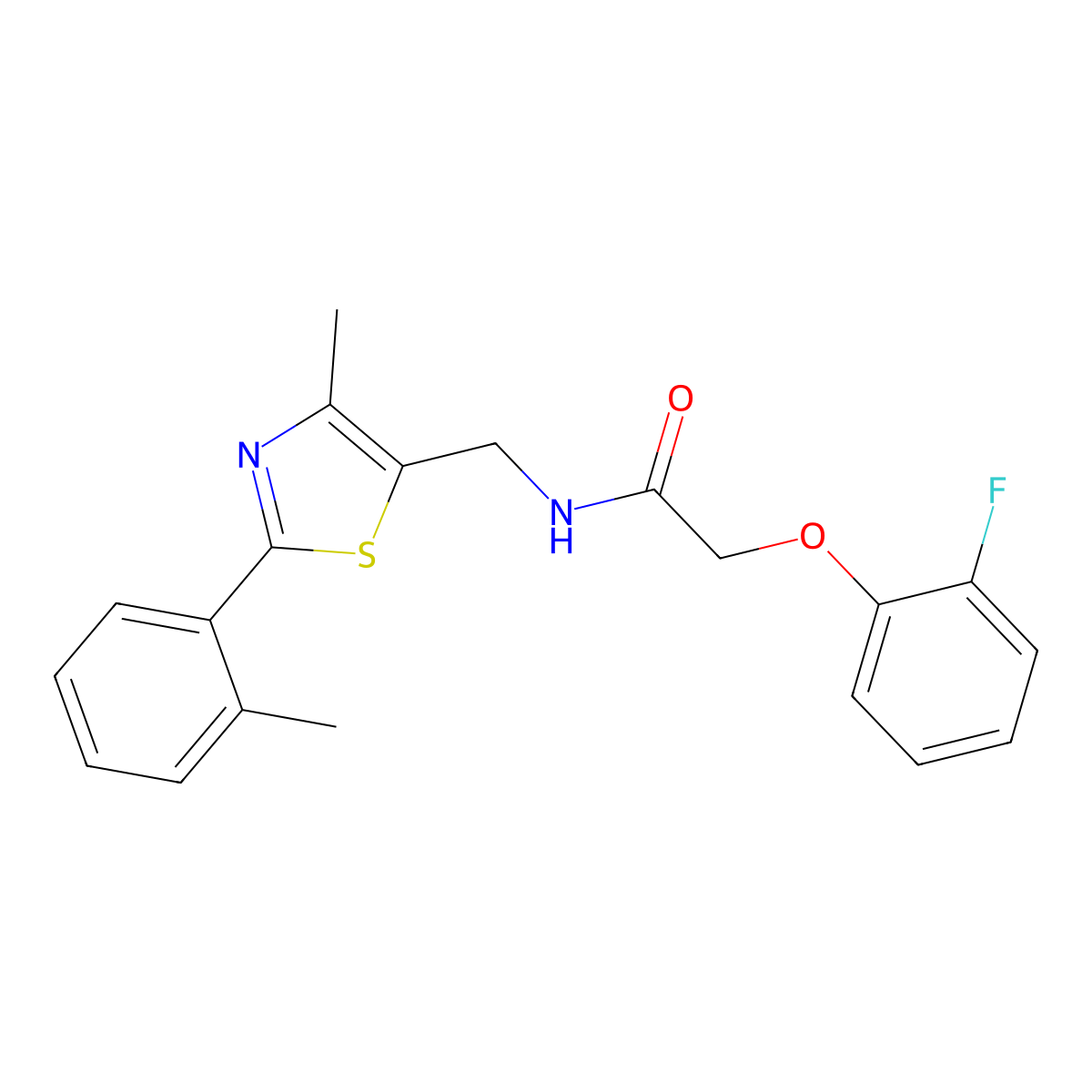 2-(2-fluorophenoxy)-N-((4-methyl-2-(o-tolyl)thiazol-5-yl)methyl)acetamide molecular structure, CAS 1448122-34-6