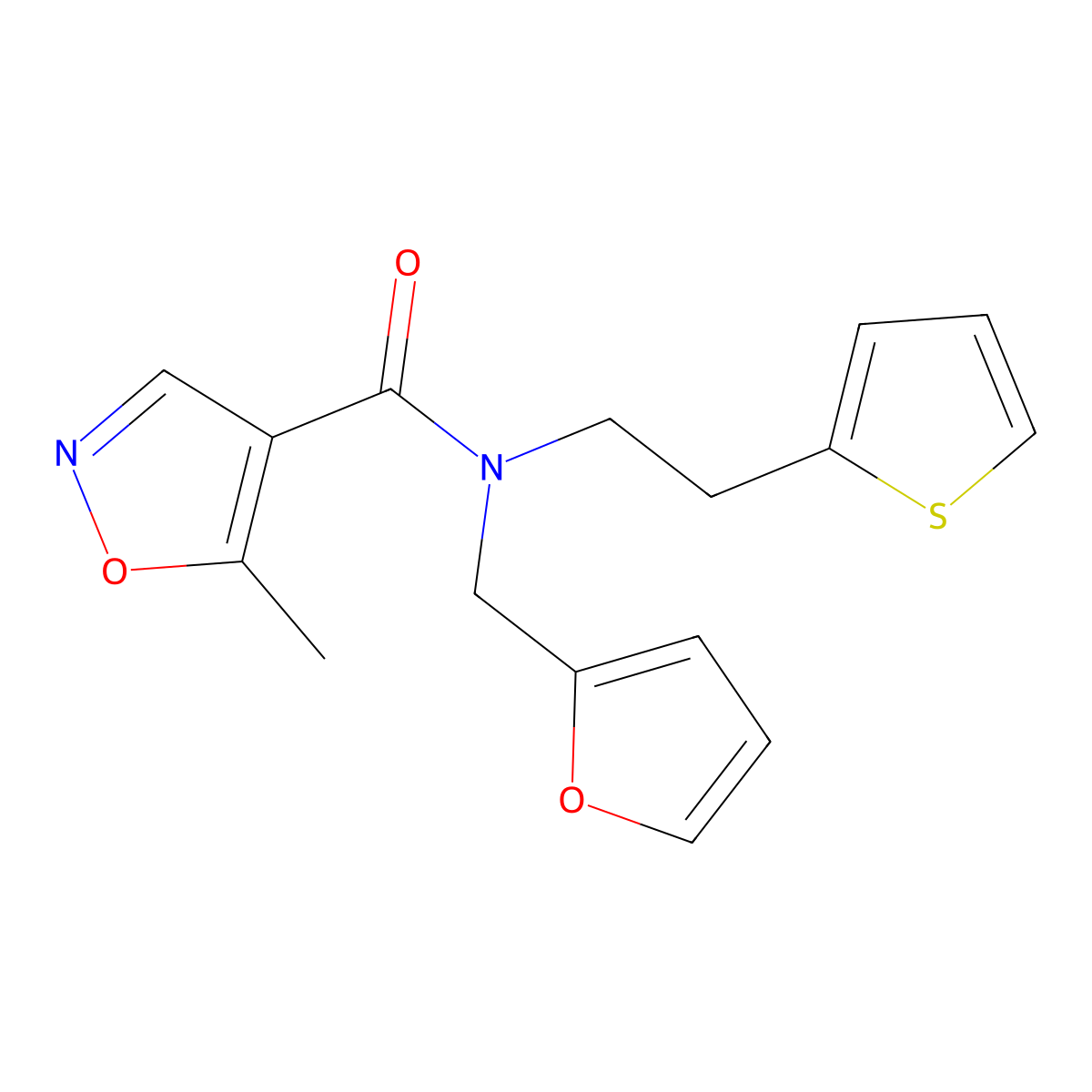 N-(furan-2-ylmethyl)-5-methyl-N-(2-(thiophen-2-yl)ethyl)isoxazole-4-carboxamide molecular structure, CAS 1448122-37-9