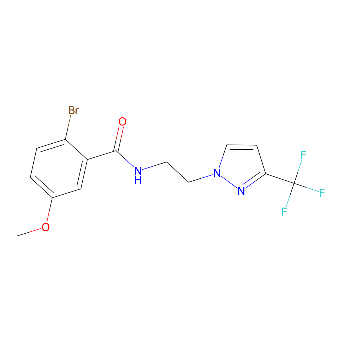 2-bromo-5-methoxy-N-{2-[3-(trifluoromethyl)-1H-pyrazol-1-yl]ethyl}benzamide molecular structure, CAS 1448122-43-7