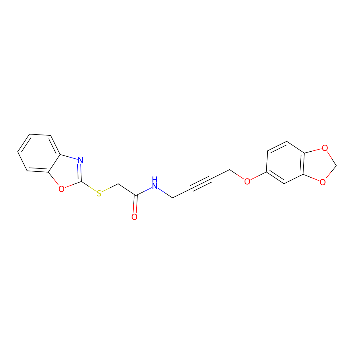 N-(4-(benzo[d][1,3]dioxol-5-yloxy)but-2-yn-1-yl)-2-(benzo[d]oxazol-2-ylthio)acetamide molecular structure, CAS 1448122-46-0
