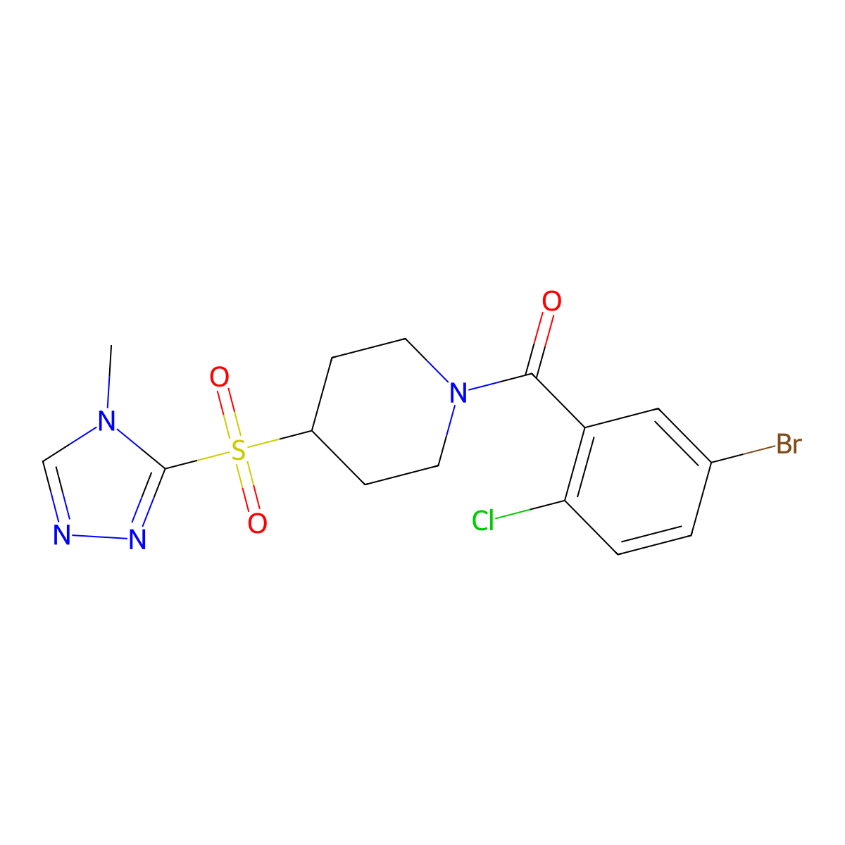 (5-bromo-2-chlorophenyl)(4-((4-methyl-4H-1,2,4-triazol-3-yl)sulfonyl)piperidin-1-yl)methanone molecular structure, CAS 1448122-47-1