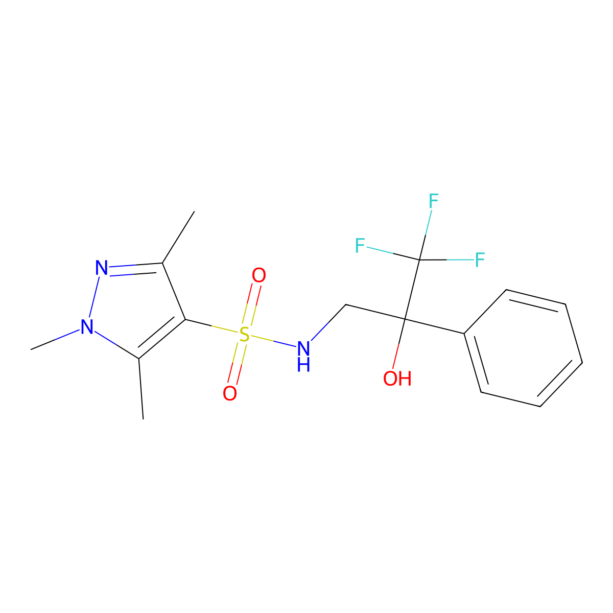 1,3,5-trimethyl-N-(3,3,3-trifluoro-2-hydroxy-2-phenylpropyl)-1H-pyrazole-4-sulfonamide molecular structure, CAS 1448122-57-3