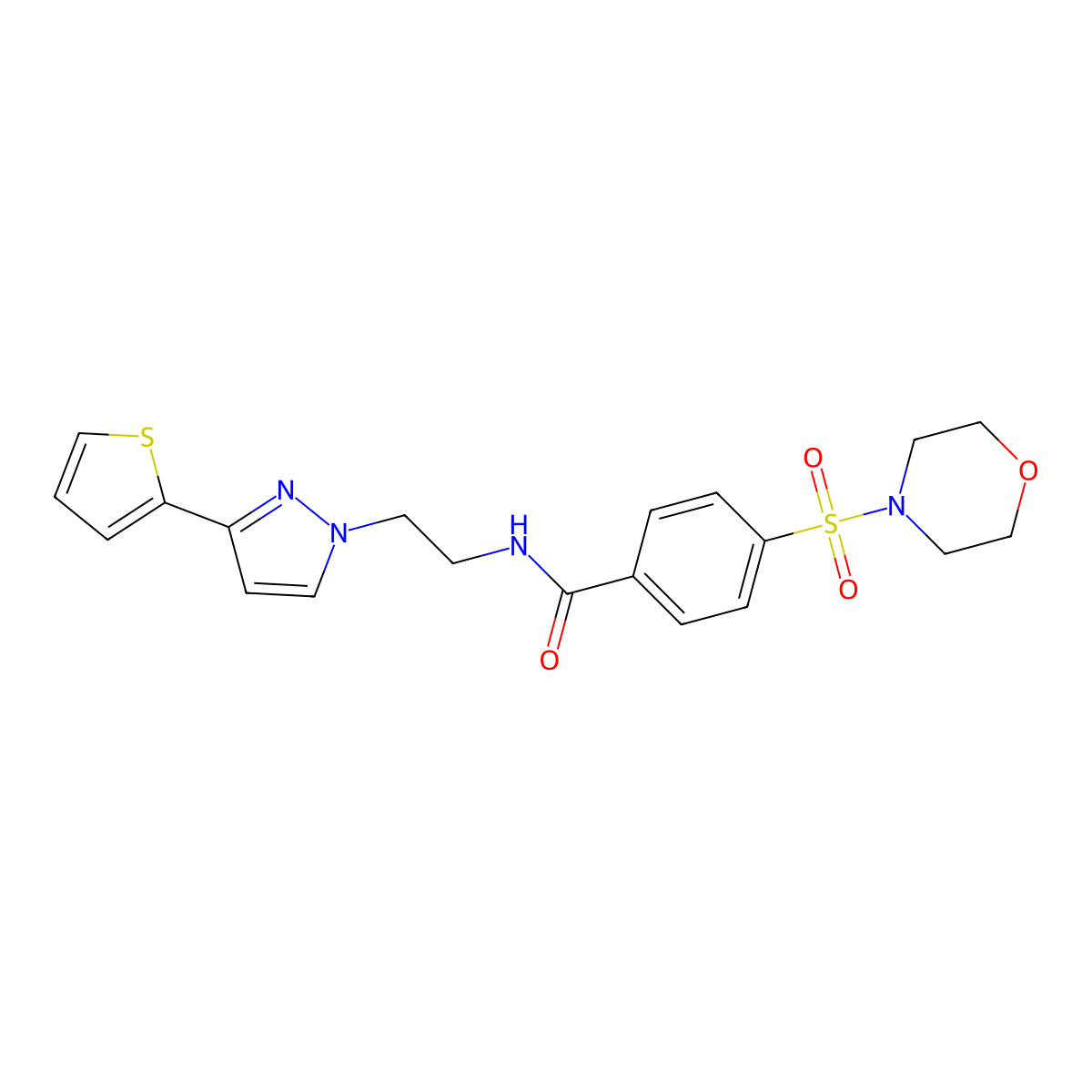 4-(morpholinosulfonyl)-N-(2-(3-(thiophen-2-yl)-1H-pyrazol-1-yl)ethyl)benzamide molecular structure, CAS 1448122-59-5