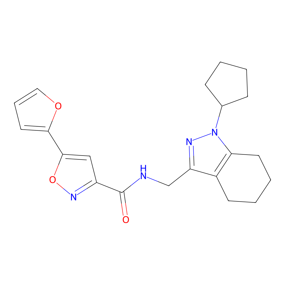 N-((1-cyclopentyl-4,5,6,7-tetrahydro-1H-indazol-3-yl)methyl)-5-(furan-2-yl)isoxazole-3-carboxamide molecular structure, CAS 1448122-62-0