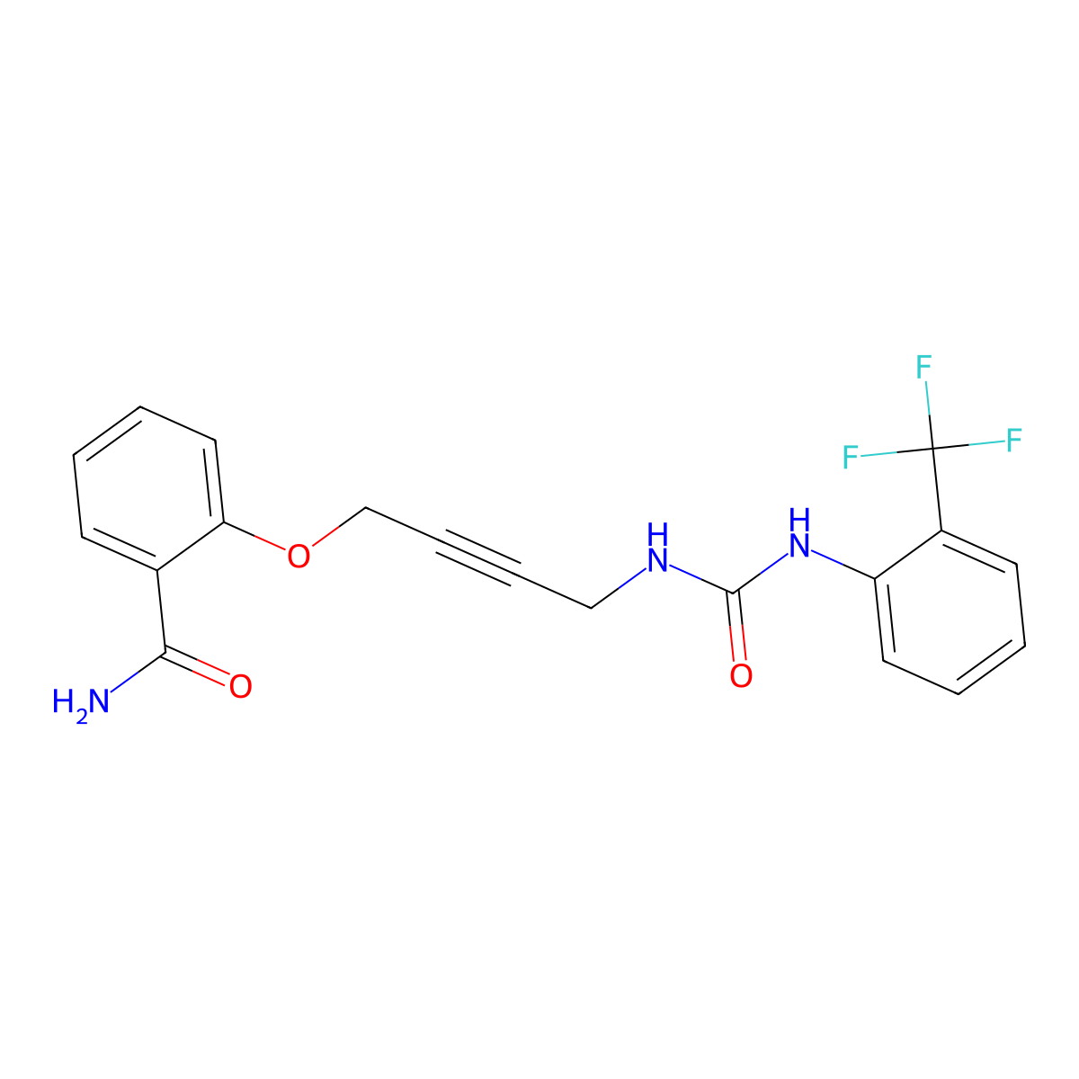 2-((4-(3-(2-(Trifluoromethyl)phenyl)ureido)but-2-yn-1-yl)oxy)benzamide molecular structure, CAS 1448122-72-2